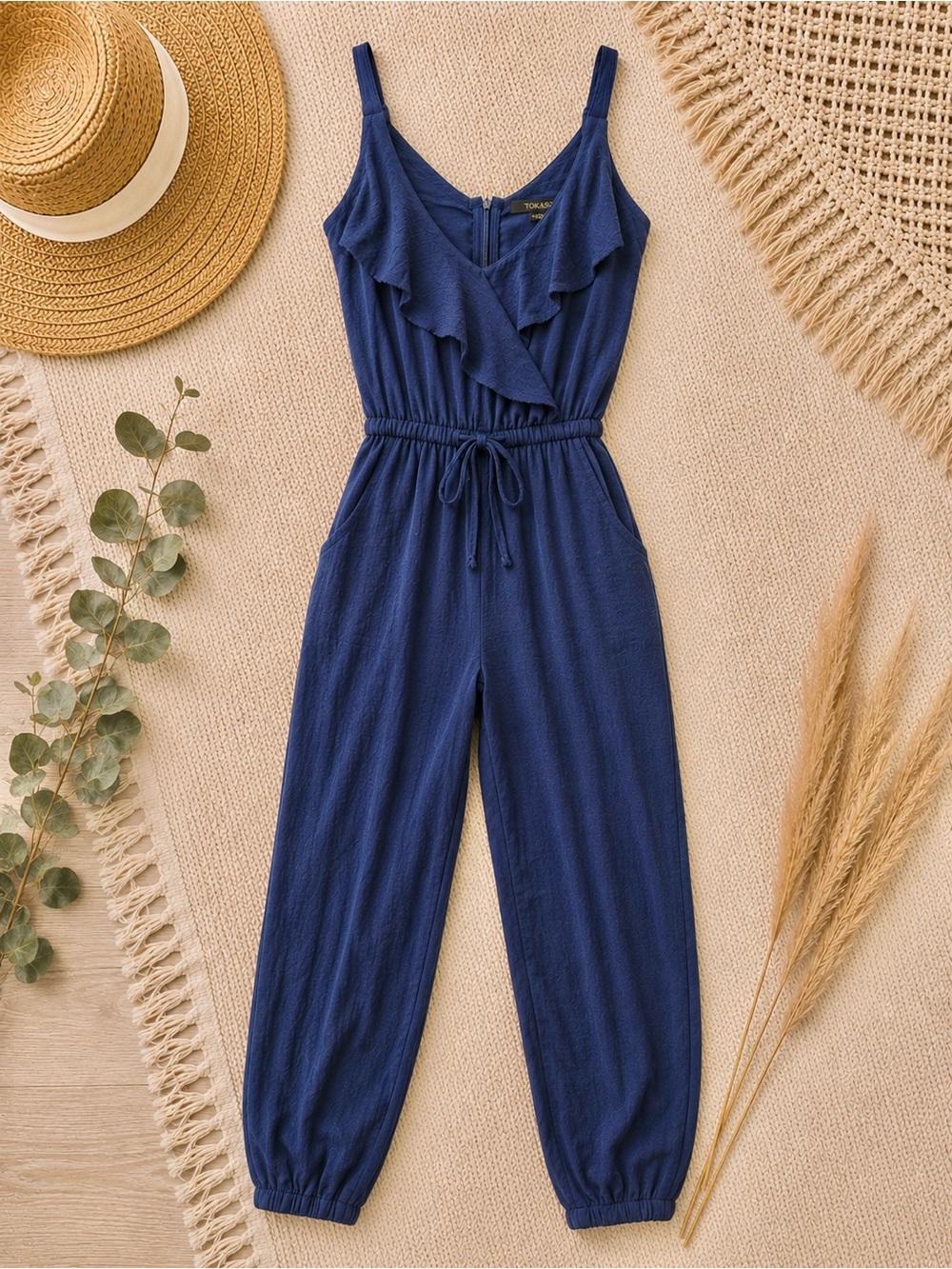 Ruffle-Front Navy Sleeveless Jumpsuit with Drawstring Waist